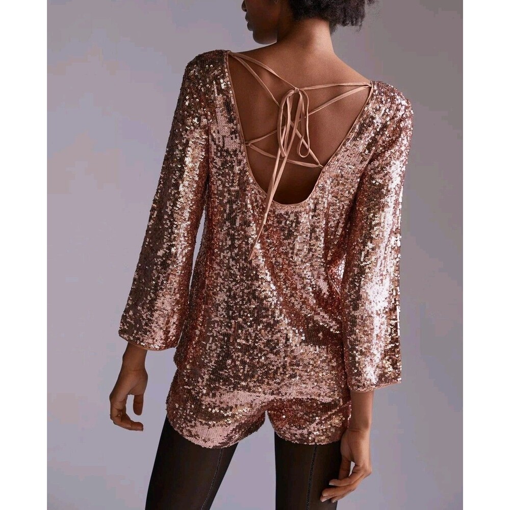 Anthropologie Womens 12 Rose Gold Sequin Blouse And Matching Shorts NEW